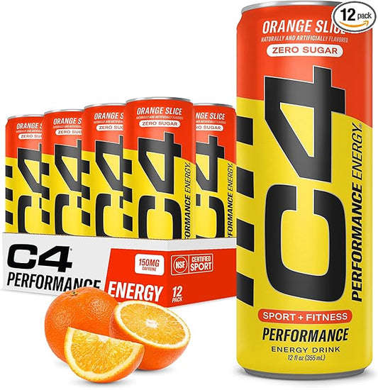 Cellucor C4 Performance Energy Drink | Zero Sugar Carbonated Preworkout Energy | 150mg Caffeine with Beta Alanine | Orange Slice | 12 Fl Oz (12 Pack)