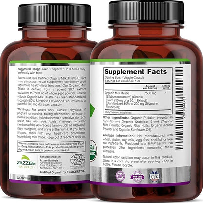 Zazzee USDA Organic Milk Thistle 30:1 7500 mg 120 Vegan 80% Silymarin 30X Extract, 100% Vegetarian,