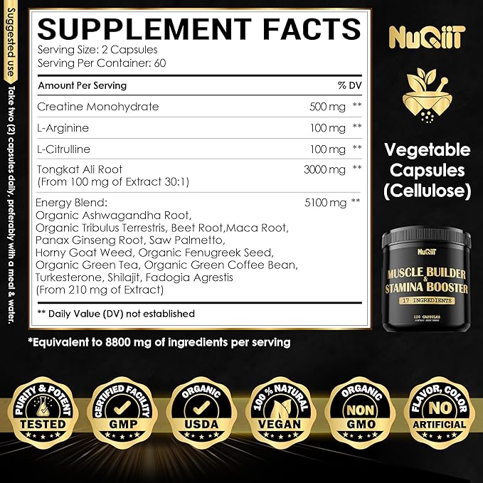 Muscle Builder Supplement with Creatine Monohydrate 500mg Tongkat 3000mg & 120 Capsules 2-Month Supply