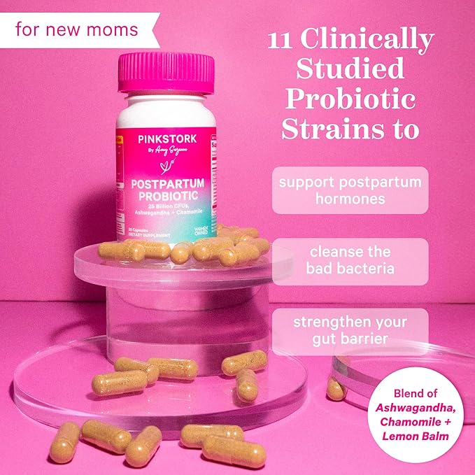 Pink Stork Probiotics for Postnatal Women - 30 Billion CFUS with Ashwagandha and Chamomile, Postpartum Essentials for Hormone Balance, Mood Support, Gut Health, Digestive Wellness, 30 Capsules