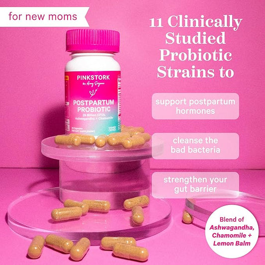 Pink Stork Probiotics for Postnatal Women - 30 Billion CFUS with Ashwagandha and Chamomile, Postpartum Essentials for Hormone Balance, Mood Support, Gut Health, Digestive Wellness, 30 Capsules