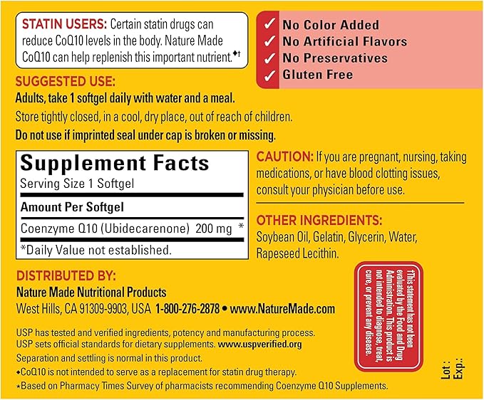 Nature Made CoQ10 200 mg, Dietary 100 Softgels, 100 Day