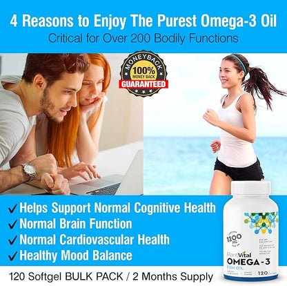 Plantvital Omega 3 Capsules- Pure Norwegian Omega 3 Fish Oil Supplements - Triple Strength- No Fish Flavor- Molecularly Distilled- Cognitive, Joint, Eye, Hair and Heart Health support-120 Capsules