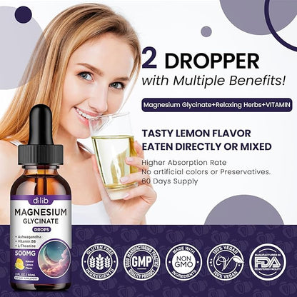 Magnesium Glycinate Supplement, Magnesium Liquid Drops 500mg Vitamin B6, Ashwagandha,