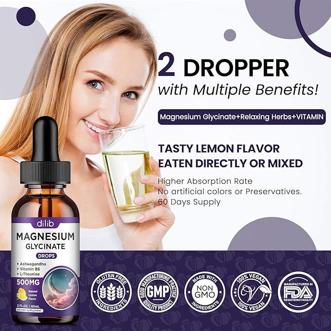 Magnesium Glycinate Supplement, Magnesium Liquid Drops 500mg Vitamin B6, Ashwagandha, 2)