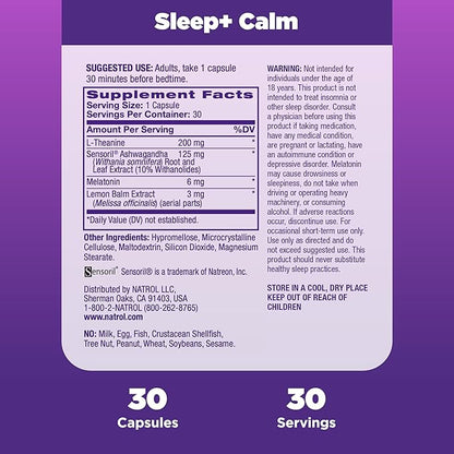 Natrol Sleep+ Calm Melatonin 6mg 30 Capsules, 30 Day