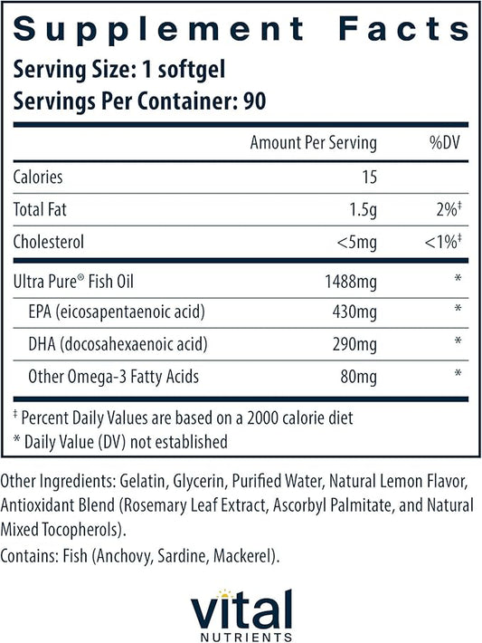 Vital Nutrients Ultra Pure® Fish Oil 800 Triglyceride Omega-3 Fatty 90 Count