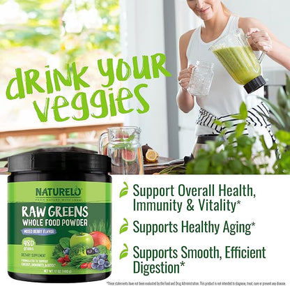 NATURELO Raw Greens Superfood Powder - Mixed Berry Flavor - Boost Energy, Detox, Enhance Health - Organic Spirulina - Wheat Grass - Whole Food Nutrition from Fruits & Vegetables - 480 Grams