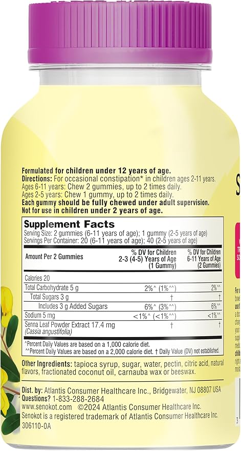 Senokot Kids Mixed Berry Laxative Gummies for Age 2+, Senna Extract for Gentle, Overnight Relief from Occasional Constipation, 40 ct