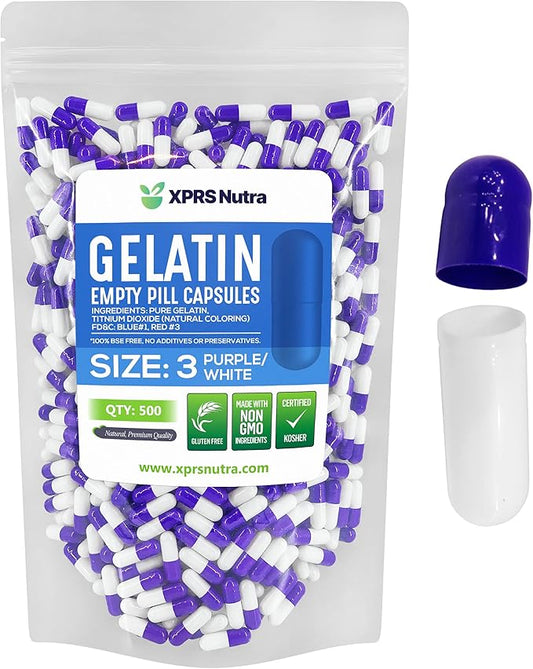 XPRS Nutra Size 3 Empty Capsules - 500 Count Empty Gelatin Capsules - Empty Pill Capsules - DIY Capsule Filling - Pure Bovine Pill Capsules Empty Gel Caps (Purple/White)