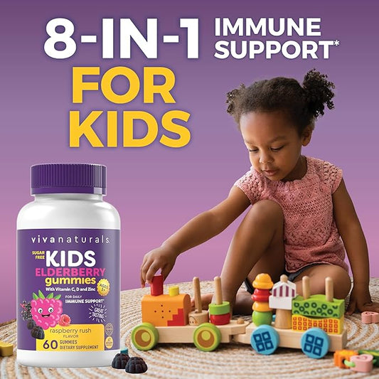 Viva Naturals 8in1 Elderberry Gummies for Kids with Vitamin C, D and Zinc - 60 Sugar Free Kids Immune Support Black Elderberry Gummies - Elderberry Vitamin C and Zinc Immune Support Supplement