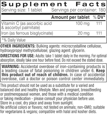 High Absorption Chelated Iron Bisglycinate 20mg with Vitamin C, 6 Month Supply, Gentle Formula, Clean Label & Targeted Release, One Daily, Vegan, 180 Tablets, by Igennus