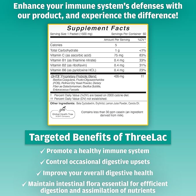 Threelac Probiotic Dietary Supplement, Natural Lemon 60 .053-Ounce .053-Ounce Packets