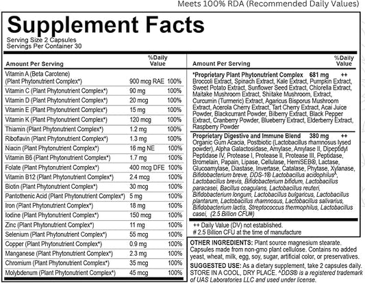 Daily Naturalceutical 100% RDA of 21 Vitamins & Minerals from Fruits & Vegetables + PreBiotics, Postbiotics, & Enzymes | Plant Based Immunity - Daily Multivitamin