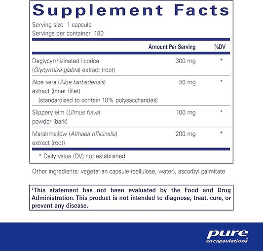 Pure Encapsulations DGL Plus - Gut Health Supplements for Men & Women - with Marshmallow Root, Aloe Vera Extract & Slippery Elm Bark - Non-GMO & Vegan - 180 Capsules