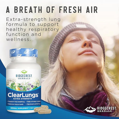 Ridgecrest Herbals ClearLungs Extra Strength, Natural Lung, Nasal Health Formula, Bronchial, Respiratory, Sinus, Mucus Support (120 Caps, 60 Serv)