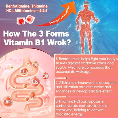 Vitamin B1 Gummies, Benfotiamine 300mg Allithiamine 50mg Thiamine 100mg +8 Vitamin B Complex,Inositol for Women Men, Includes Niacin, L-methylfolate, Methyl B12 for Nerve Energy Overall Health, 60Cts
