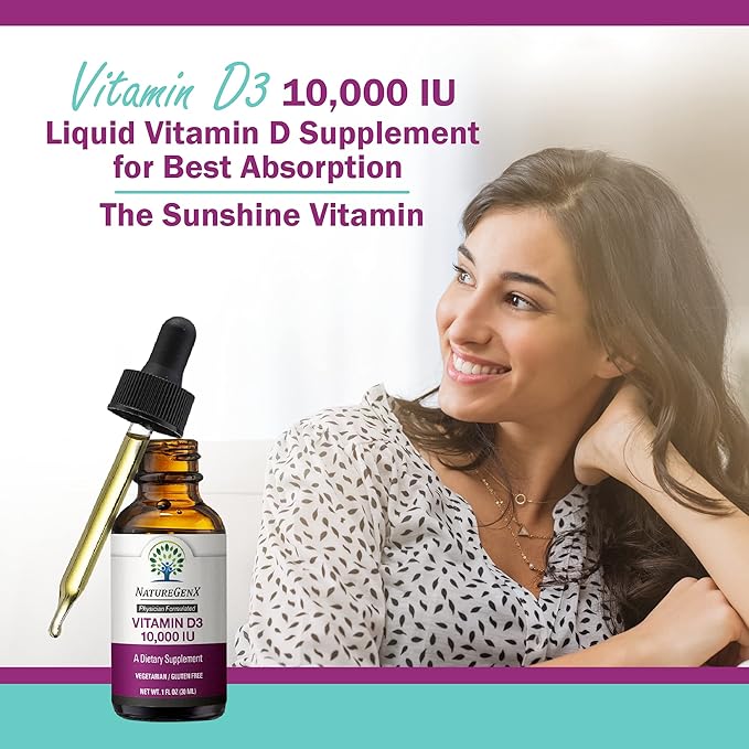 Vitamin D Liquid Drops for Adults: Vegan D3 10000 IU for Immune Support & Bone Strength Supplements, Non-GMO & Gluten Free Liquid Vitamin D for Women & Men, 30ml, 30 Servings