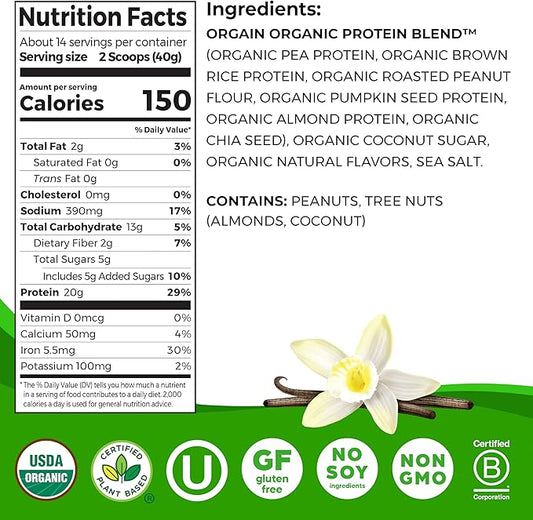 Orgain Organic Simple Vegan Protein Powder, Vanilla 20g Plant 1.25lb