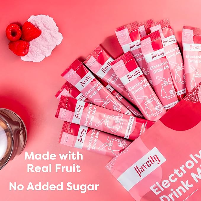 FlavCity Raspberry Lychee Electrolytes Drink Mix, 28 On-The-Go Stick Packs - Healthy Electrolytes Powder Packets Made with Real Fruit - Keto Powdered Drink with No Added Sugar, Gluten-Free