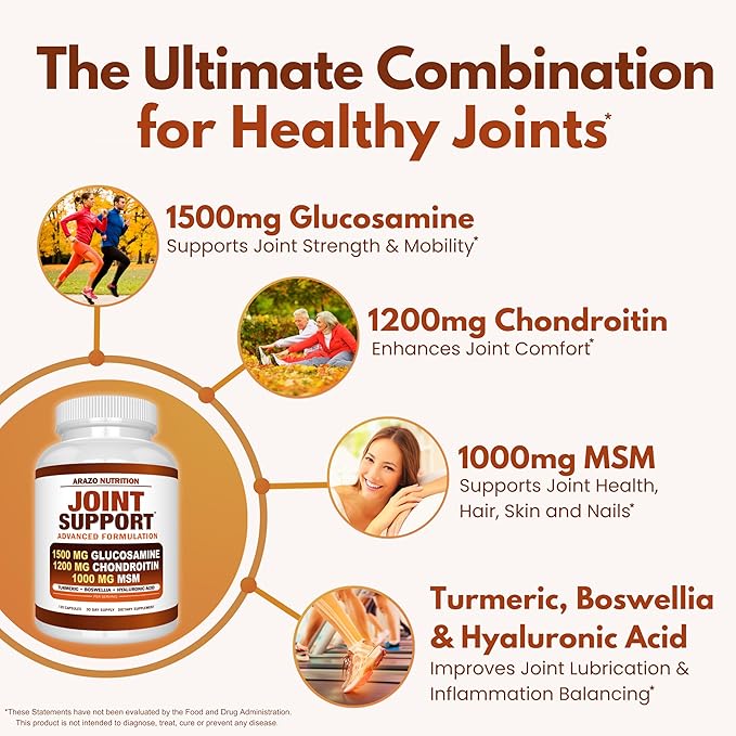 Arazo Nutrition Glucosamine Chondroitin Turmeric Msm Boswellia - Joint Support Supplement for Relief 120 Capsules for Bones, Back, Knees, Hands (120 Capsules)