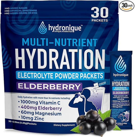 Hydronique Hydration Packets | Low Sodium Electrolytes Powder | 54mg Sodium | Vitamins, Minerals, Antioxidants | Elderberry Flavor (30 Packs)