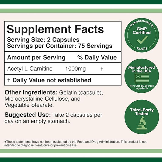 Acetyl L-Carnitine 1,000mg Per Serving, 150 Capsules (ALCAR for Brain Function Support, Memory, Attention, and Stamina) Acetyl L Carnitine That is Third Party Tested by Double Wood