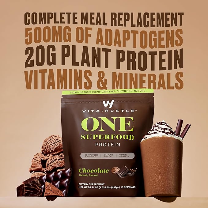 VitaHustle ONE Superfood Protein All-in-One Nutrition Shake, 20g Chocolate Plant Protein, 86 Superfoods, Vitamins, & Minerals, Ashwagandha, Adaptogens, Meal Replacement, 15 Servings