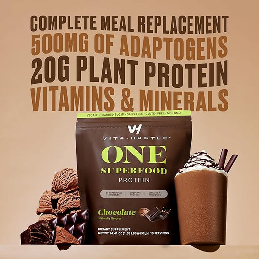 VitaHustle ONE Superfood Protein All-in-One Nutrition Shake, 20g Chocolate Plant Protein, 86 Superfoods, Vitamins, & Minerals, Ashwagandha, Adaptogens, Meal Replacement, 15 Servings