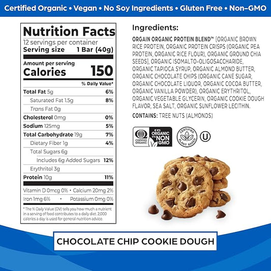 Orgain Organic Vegan Protein Bars, Chocolate 10g Plant 1.41 Oz 12)