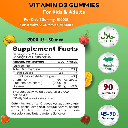 Vegetarian Vitamin D3 Gummies for Adults & Kids | 45-90 Servings, 2,000IU / 1,000IU | Non-GMO, Gluten-Free, Gelatin-Free | Supports Bones, Muscles & Immune System Halal Vitamins
