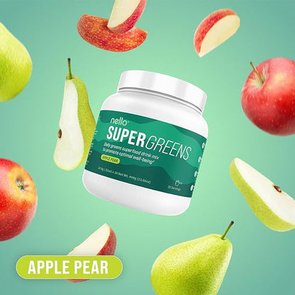 Nello Supergreens - Premium Superfood Greens Drink Mix with Chlorella, Moringa, Spinach, & Broccoli + Digestive Enzymes - Nutrient-Packed Greens Powder Superfood for Wellness(30 SRV)