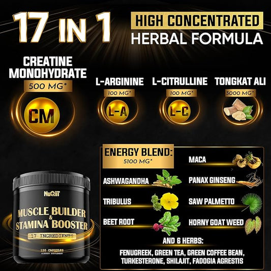 Muscle Builder Supplement with Creatine Monohydrate 500mg Tongkat 3000mg & 120 Capsules 2-Month Supply