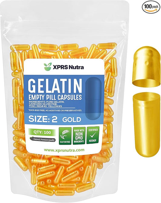 XPRS Nutra Size 2 Empty Capsules - 100 Count Empty Gelatin Capsules - Empty Pill Capsules - DIY Capsule Filling - Pure Bovine Pill Capsules Empty Gel Caps (Gold)