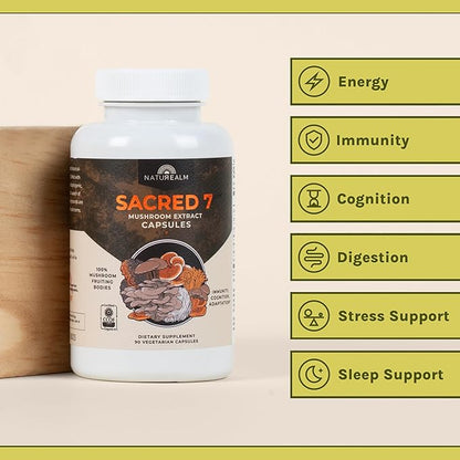 Naturealm Sacred 7 Mushroom Capsules Supplement – Boost Immunity, Focus, Vegan, Non-GMO – Lion’s Mane, Cordyceps, Reishi, Chaga, Maitake, Shiitake – Organic Fruiting Bodies, 30-Day Supply