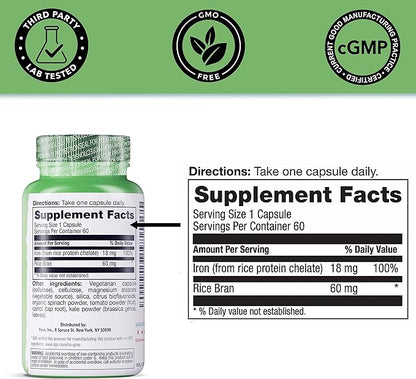 Yuve Whole Food Chelated Iron 18 mg Supplement - Formulated for Maximum Absorbption - Supports Healthy Heart & Blood Cells - Boosts Energy & Cognitive Functions - Vegan, Non-GMO, Gluten-Free - 60 Caps