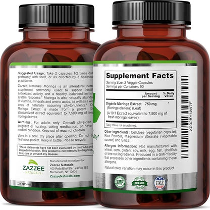 Zazzee Organic Moringa Oleifera Leaf 7500 180 Vegan 10:1 Extract, 100% Pure 10X Leaf