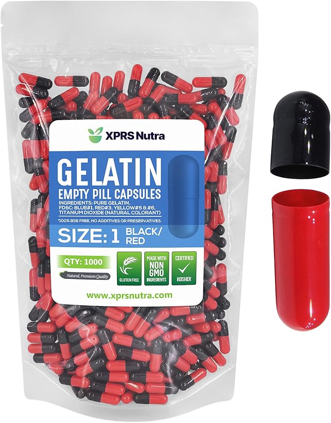 XPRS Nutra Size 1 Empty Capsules - 1000 Count Colored Empty Gelatin Capsules - Empty Pill Capsules - DIY Supplement Capsule Filling - Fillable Color Gel Caps Pills (Black/Red)