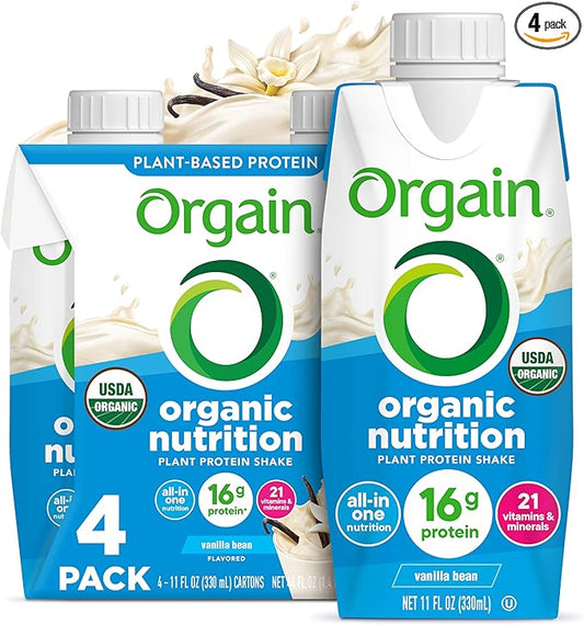 Orgain Organic Nutritional Vegan Protein Shake, Vanilla Bean - 16g Plant Based Protein, Meal Replacement, 21 Vitamins & Minerals, Fruits & Vegetables, Gluten Free, Non-GMO, 11 Fl Oz (Pack of 4)