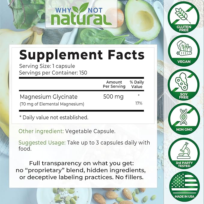 Magnesium Glycinate 500 mg Capsules Supplement 100% Pure,