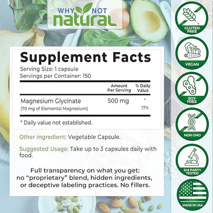 Magnesium Glycinate 500 mg Capsules Supplement 100% Pure,