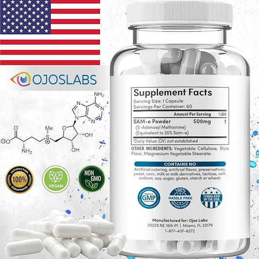 Sam-e 500mg Methionine supplement for Liver, Joint, Brain and Mood support, High Absorption Sam e supplement (S Adenosyl Methionine), Vegan, Gluten Free,Non-GMO, 60 Sam e Capsule, Made in USA