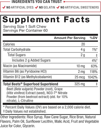 Force Factor Total Beets Soft Chews with Beetroot, Nitrates, L-Citrulline, Grapeseed Extract, & Antioxidants, Healthy Energy Supplement with Elite Ingredients for Heart, Superfood, 120 Count, 2-Pack