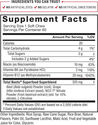 Force Factor Total Beets Soft Chews with Beetroot, Nitrates, L-Citrulline, Grapeseed Extract, & Antioxidants, Healthy Energy Supplement with Elite Ingredients for Heart, Superfood, 180 Count, 3-Pack