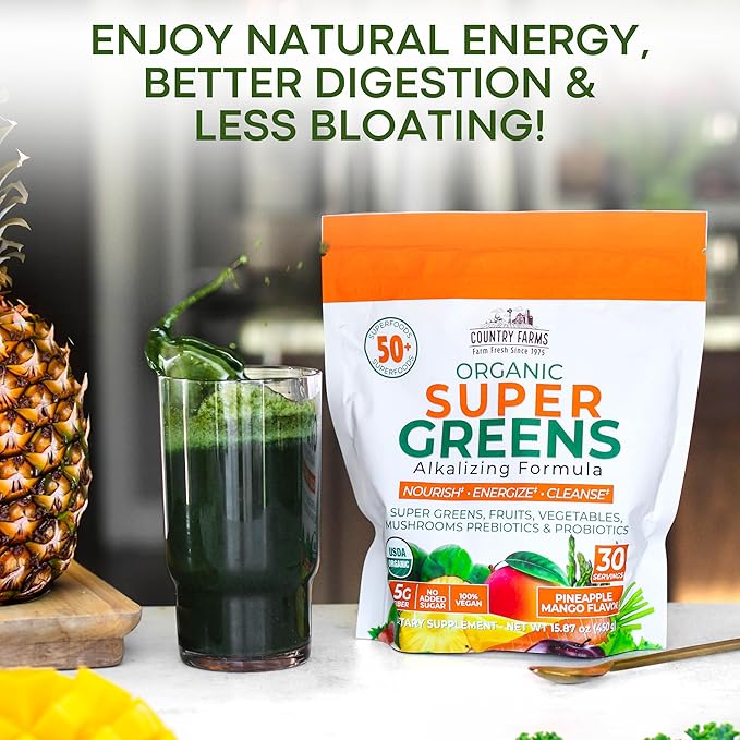 COUNTRY FARMS Super Greens Pineapple-Mango Flavor, 50 Organic 30 Servings