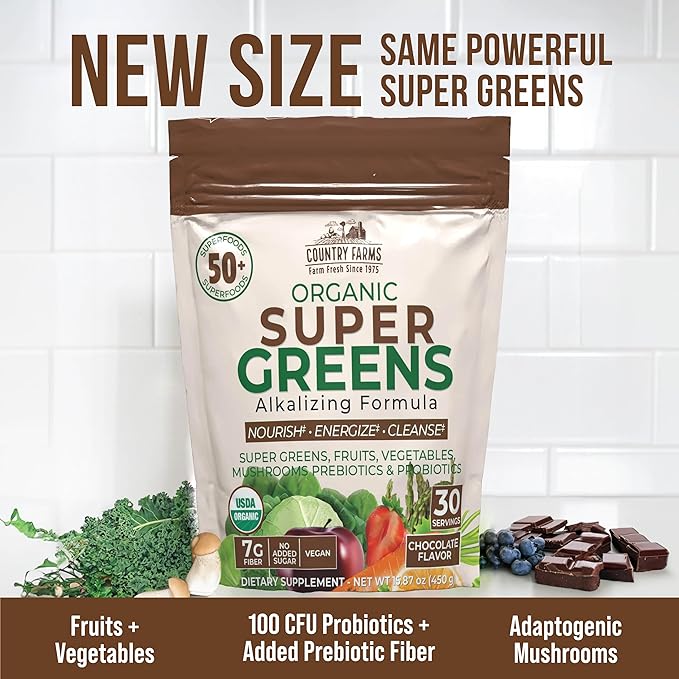 Country Farms Super Greens Chocolate Flavor, 50 Organic 30 Servings