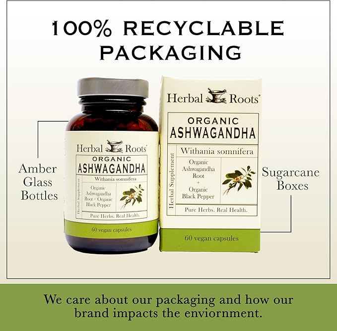Herbal Roots Ashwagandha Capsules | Extra Strength | Ayurvedic for Overall Health for Men and Women | 60 Vegan Capsules
