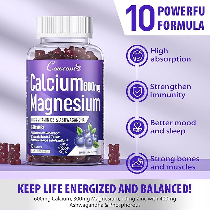 Calcium Magnesium Zinc Gummies Sugar-Free with Vitamin D3 B6 B12,High Absorption Calcium Magnesium Supplement,Bone, Muscles,Calm Mood,Sleep Support for Kids adults,90 Count Vegan Blueberry Flavor