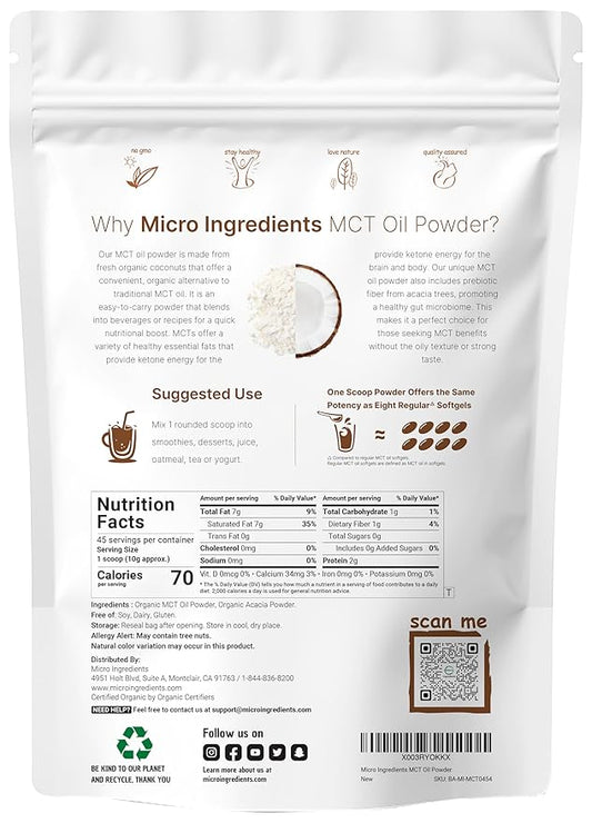 Organic MCT Oil Powder with Prebiotic Fiber,1 Pound(16 Ounce), Fast Fuel for Body and Brain, C8 MCT Oil for Coffee Creamer, No GMOs, Keto Diet, Vegan