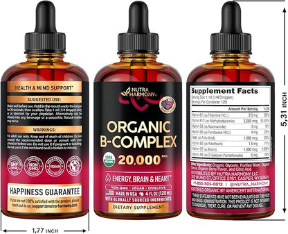 USDA Organic Vitamin B-Complex B5 Pantothenic Acid B12 Methylcobalamin B1 Thiamine B6 Pyridoxine B7 Biotin B9 Folic B3 Niacinamide 4fl oz